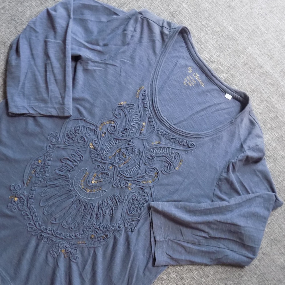 Chicos Top Womens 1 Blue Good Embroidered Sequin Medallion 3/4 Sleeve Cotton